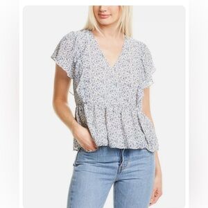 NWT Madewell Georgette Ruffle Sleeve Peplum Blue Floral Top Women's Size XS